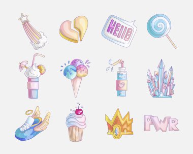 Prenses ve küçük kızlar sevimli moda ikonu ayarlayın. El çizilmiş prenses elemanları Lovely vektör seti - kırık kalp, dondurma, kokteyl ve kelime Güç ile tatlı kek. Küçük için sevimli renkli simge