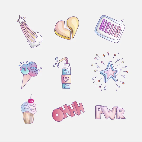 Prenses ve küçük kızlar sevimli moda ikonu ayarlayın. El çizilmiş prenses elemanları Lovely vektör seti - kırık kalp, dondurma, kokteyl ve kelime Güç ile tatlı kek. Küçük için sevimli renkli simge