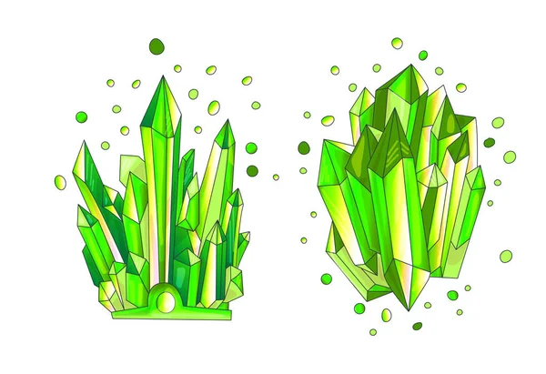 Cristal verde esmeralda, desenho animado bonito vetor Quartz ilustração. Quartzo Crystal druse, verde princesa grão e coroa em branco. Desenhos animados verde brilhante pedras semipreciosas bonitos de quartzo — Vetor de Stock