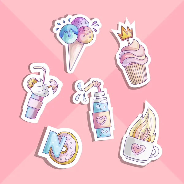 Niedlichen Cartoon kleine Prinzessin Symbol-Set - Süßigkeiten süßes Eis, Kuchen, Cocktails, Donut und Lutscher. Niedliche Girly Bonbons - Symbolaufkleber in einer Kollektion — Stockvektor