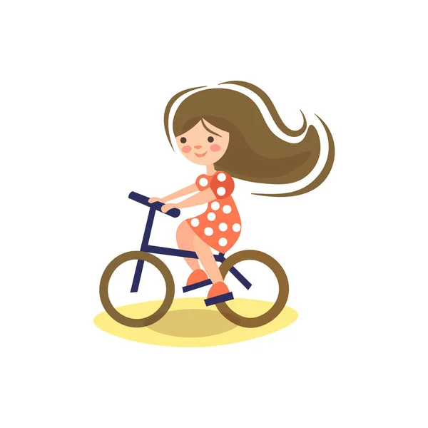 Jolie illustration de dessin animé de petite fille pré-adolescente, en vélo. Enfant à vélo. Enfant à vélo, petite fille appréciant la balade à vélo sur le chemin de l'école. Sport pour enfants . — Image vectorielle