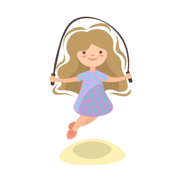 Kleines Mädchen springt mit Springseil, Sommer-Kinderaktivität, Vektor-Cartoon-Illustration — Stockvektor