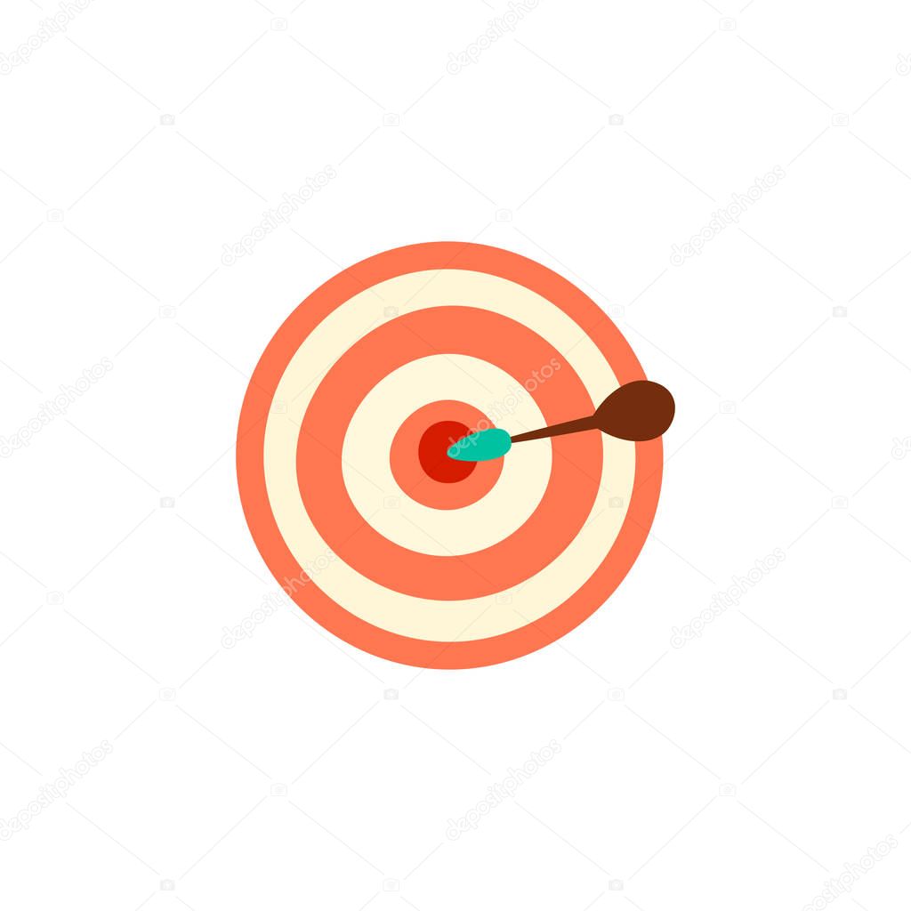 Vector cute cartoon illustration of aim. Aim concept with red circles and dart in the centre of it. Hit the bulls eye concept. Red aim, arrow, Idea concept, target goal icon. Success pin logo, cartoon
