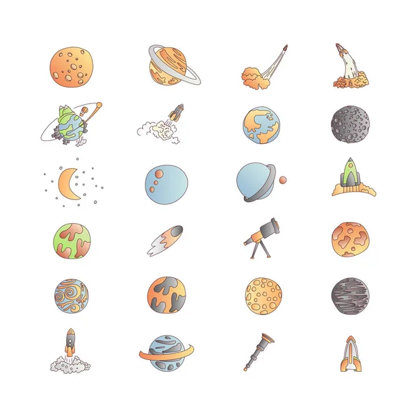 Lindo espacio de dibujos animados asrtonaut cosmos vector colección de iconos. Planeta, cohete, iconos del observatorio en un lindo conjunto, aislado sobre fondo blanco . — Vector de stock