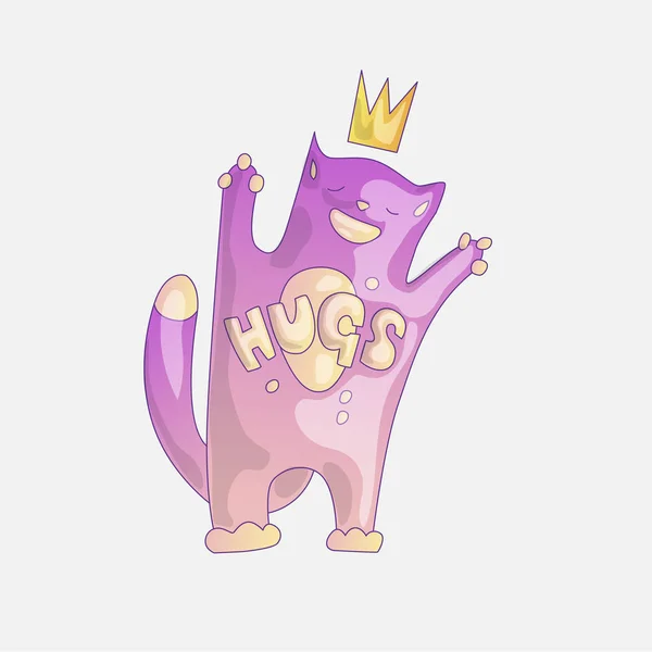 Cute magic princess pink cat in crown with word Hugs on top. Positive vibes cat, little girl sticker icon and prinsess stickers about hugs