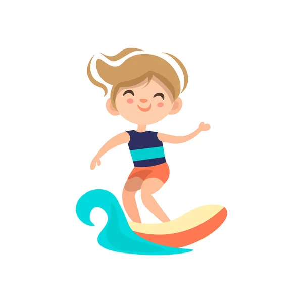 孩子在蓝色海浪周围冲浪,卡通矢量插图,在白色背景上孤立。小男孩在冲浪板上,暑假的孩子冲浪。男孩在海浪中冲浪 — 图库矢量图片