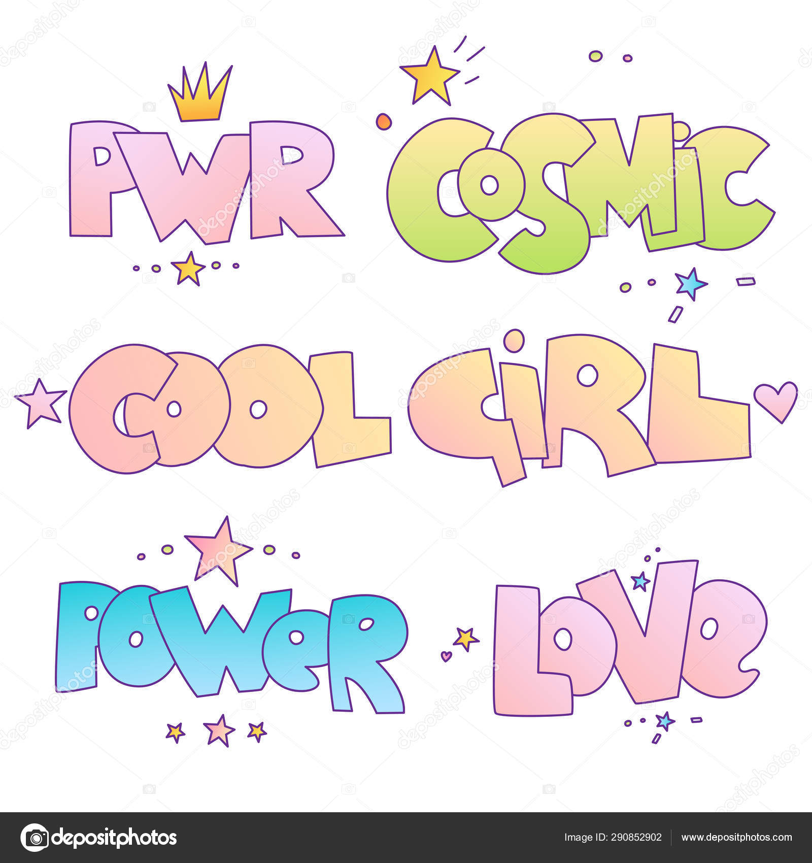 Søt tegneseriefigur, motiverende sitater og bokstaver for lille prinsesse  og slemme, modige jente. Styrke, kosmisk, kul jente og kjærlighetsord  isolert på hvit bakgrunn. Jentekraftskrift stockvektor © LisaAlisa_ill  #290852902, image size:1600x1700