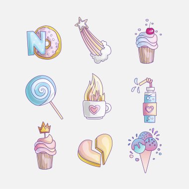 Prenses ve küçük kızlar sevimli moda ikonu ayarlayın. El çizilmiş prenses elemanları Lovely vektör seti - küçük prenses, donut, tatlılar, lolipop, dondurma ve düşen yıldız için kokteyller. Sevimli renkli