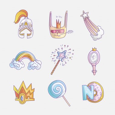 Prenses ve küçük kızlar sevimli moda ikonu ayarlayın. El çizilmiş prenses elemanları Lovely vektör seti - küçük prenses, taç, tatlılar, gökkuşağı ve düşen yıldız için ayna. Sevimli renkli simge için