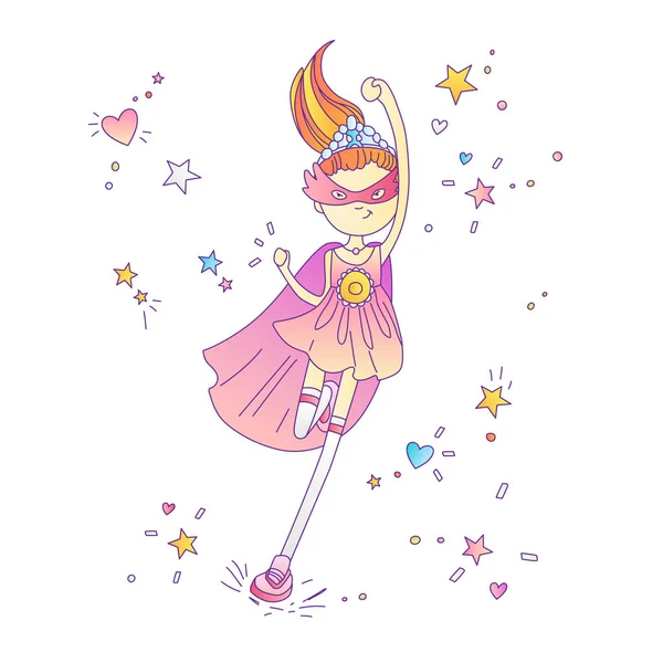 Супергеройська принцеса, маленька дівчинка-підліток як супергерой Векторна мультиплікаційна ілюстрація з градієнтами. Супергерой дівчина біжить і бореться, смілива принцеса, мила мультяшна феміністична концепція про дівчат. Наклейка — стоковий вектор