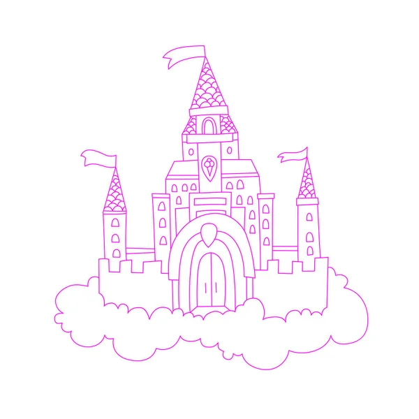 Vector de dibujos animados ilustración forrada de princesa rosa castillo mágico en las nubes. Castillo mágico princesa rosa en nubes azules, con banderas y torretas, color rosa pastel. Lindo castillo de princesa línea de dibujos animados — Vector de stock