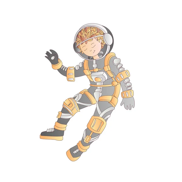 Mignon dessin animé asrtonaut fille flottant dans l'illustration vectorielle de l'espace. Fille dans le casque spatial parmi les étoiles, dans le cosmos profond. Une astronaute en costume spatial. Croquis de bande dessinée cosmonaute fille vecteur — Image vectorielle