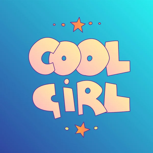 Cool girl lettering with gradient colors. Cool Girl words, cartoon cute style with decorative elements isolated on blue gradient