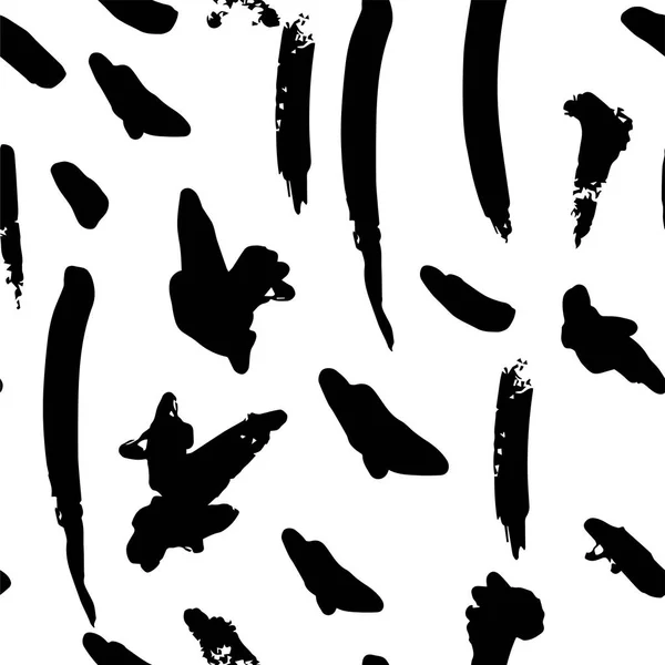 Patrón sin costura de arte abstracto, creado por el cepillo de tinta seca. Texturizado líneas negras y puntos en patrón abstracto simple sobre fondo blanco. Arte abstracto en blanco y negro patrón sin costuras — Vector de stock
