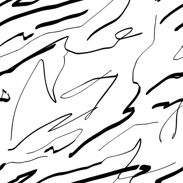 Hermosas líneas abstractas hechas a mano en un patrón simple y minimalista sin costuras. Cepillo de tinta negra seca y líneas curvas sobre fondo blanco. Patrón blanco y negro sin costuras abstracto — Vector de stock