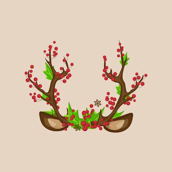 Рождественская фотобудка реквизит маска рога оленя с ушами, красные ягоды, зеленые листья. Оленьи рога с ягодами в качестве элементов фотобудки для рождественской вечеринки, селекции. Веселая иллюстрация Xmas props — стоковый вектор