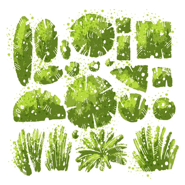 トロピカルとミドルレーンのテクスチャーの葉と茂みベクトルは、表現力豊かな水彩の飛沫とグランジテクスチャで設定されています。白い背景に孤立したブッシュと葉のコレクション。緑の茂み — ストックベクタ