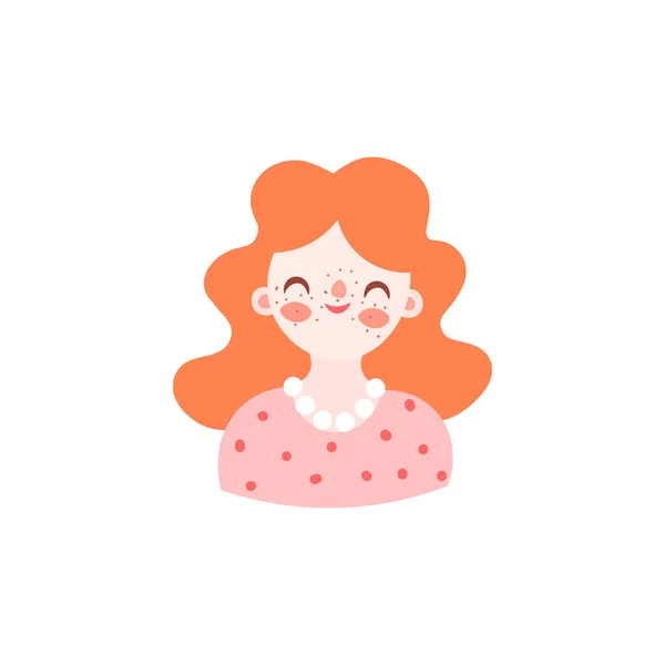 Mignon dessin animé illustration de jolie belle rousse femme. Fille, avatar femme en robe avec des perles, souriant. illustration de caractère vectoriel isolé sur fond blanc — Image vectorielle