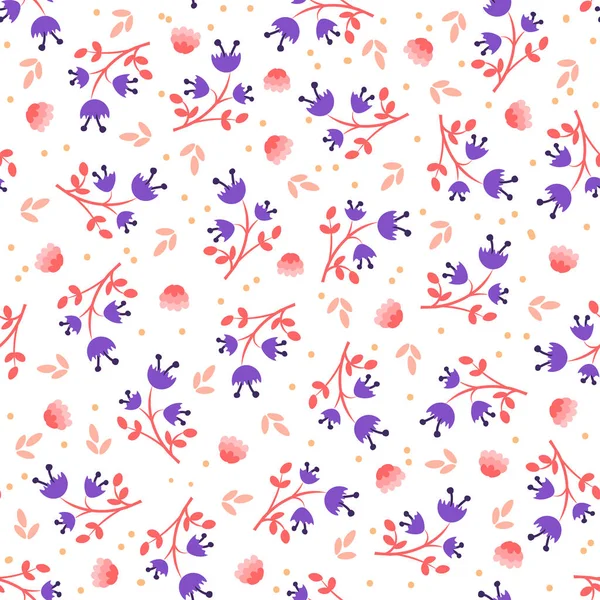 Simple feminine flower seamless pattern, vector illustration on white background. Blue and pink flowers with leaves and blossom. Cute flower pattern — Stockvector