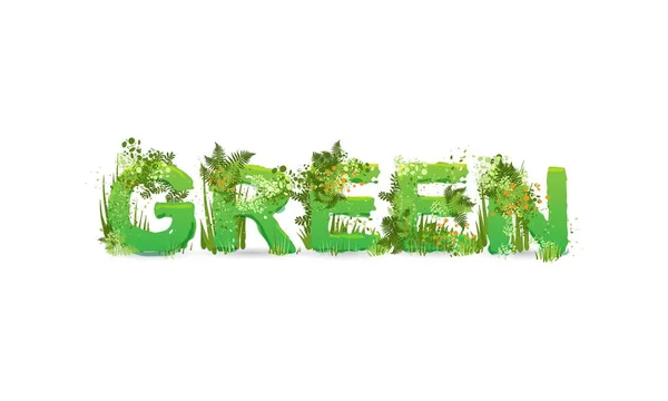 Vector illustration of word Green with capital letters stylized as a rainforest, with green branches, leaves, grass and bushes next to them, isolated on white. Ecology environmental typeface, eco care — ストックベクタ