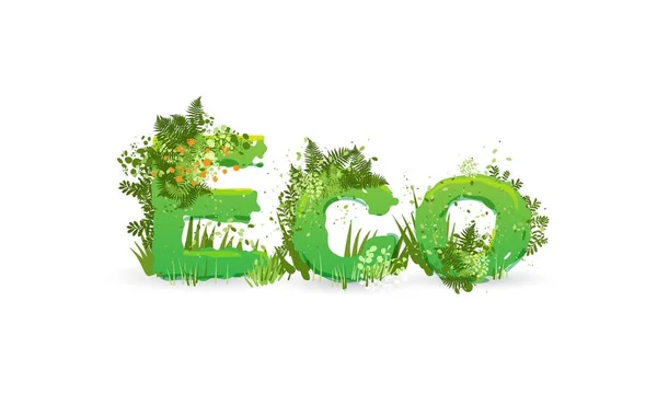 Ilustración vectorial de la palabra Eco con mayúsculas estilizadas como selva tropical, con ramas verdes, hojas, hierba y arbustos a su lado, aislados en blanco. Ecología tipografía ambiental, cuidado ecológico — Archivo Imágenes Vectoriales