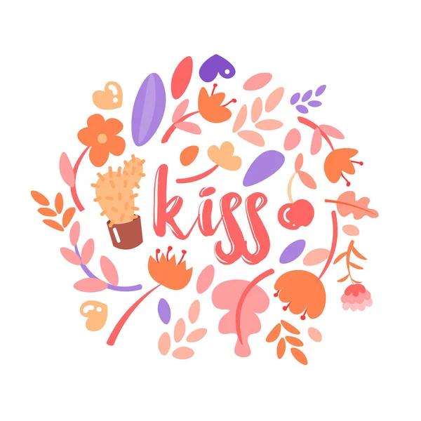 Feminista y linda chica ilustración de poder conjunto con letras beso. Flores, pegatinas, dulces con decoración floral alrededor de Kiss word. Linda colección de dibujos animados chica feminista poder — Archivo Imágenes Vectoriales