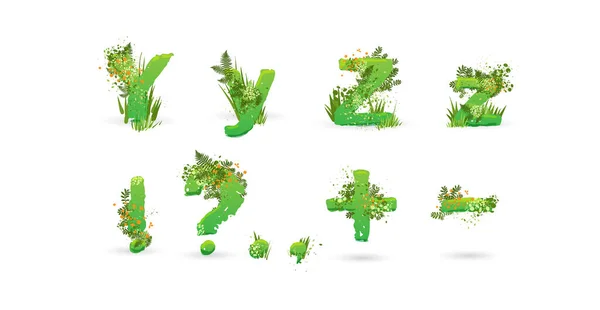 Gröna blad teckensnitt. Vektorillustration. Elegant eko-alfabet från färgglada tropiska blad, buskar, blommor och naturelement. Egologi och naturlig typsnitt, sommar och tropiska bokstäver isolerade på vit — Stock vektor
