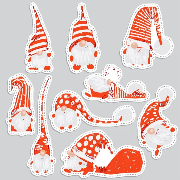 Cute zabawne postaci naklejki świąteczne - białe brodate gnomy w różnych pozycjach z czerwonymi kapeluszami. Boże Narodzenie gnomy zestaw, ręcznie rysować teksturowane wektor ilustracja dla kart świątecznych, pozdrowienia, projekt — Wektor stockowy