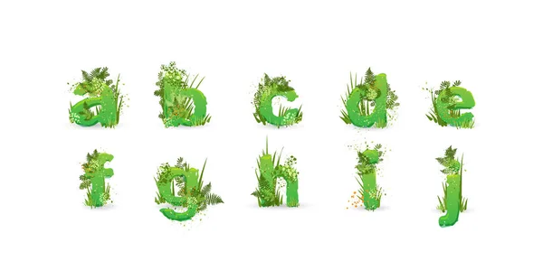 Green Leaves font. Vector illustration. Stylish eco alphabet from colorful tropical leaves, bushes, flowers and nature elements. Egology and natural font, summer and tropical letters isolated on white — Stock Vector