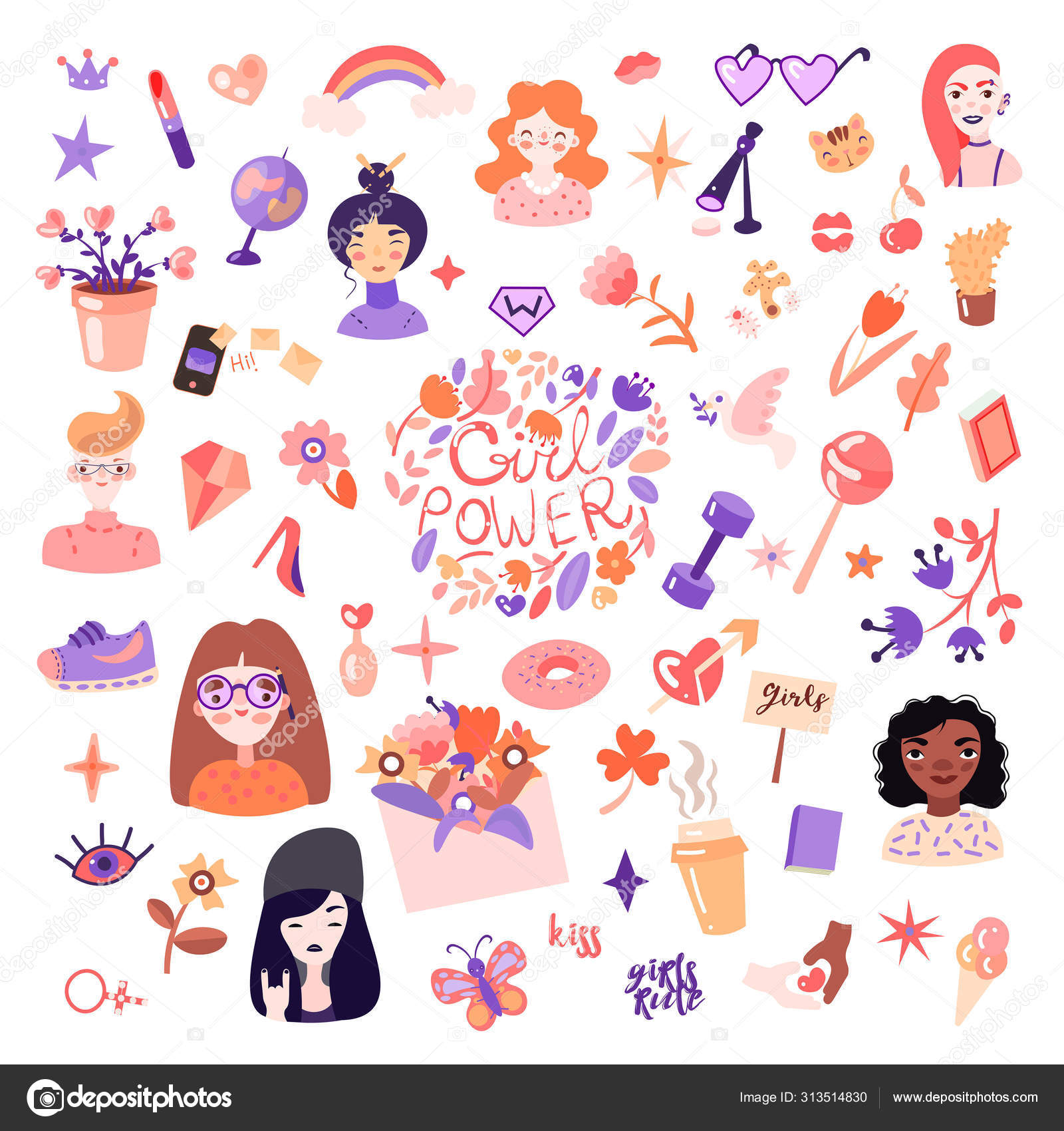 Feminist And Cute Girl Power Illustration Set Girls Portraits Flowers Stickers Sweets With Floral Decoration Cute Cartoon Feministic Girl Power Collection Vector Image By C Lisaalisa Ill Vector Stock