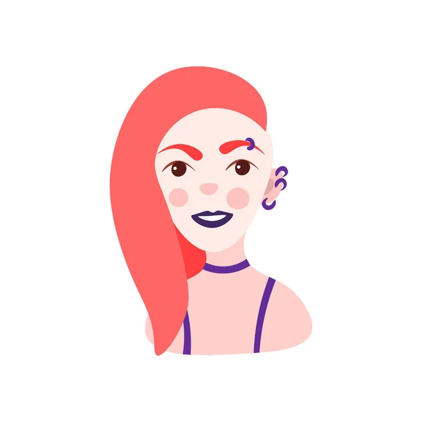 Mignon dessin animé illustration de jolie belle femme informelle aux cheveux roux, percing, coupe de cheveux moderne. Fille, femme avatar lèvres sombres, sourire, illustration vectorielle de caractère isolé sur fond blanc — Image vectorielle