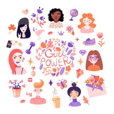 Feminist ve tatlı kız güç çizimi seti. Kız portreleri, çiçekler, çıkartmalar, çiçeklerle süslenmiş şekerler. Tatlı çizgi film feminist kız güç koleksiyonu