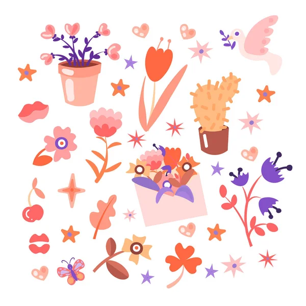 Bonito coleção de flores de desenhos animados, estilo feminino. Flores, folhas, cactos bonitos e vaso de flores, coleção de flores da menina — Vetor de Stock