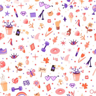 Kız gücü ve kızların moda unsurlarını yönettiği sevimli feminist çizgi film kusursuz desen. Ruj, kalp, çiçek ve bilim simgeleriyle kusursuz bir kız..