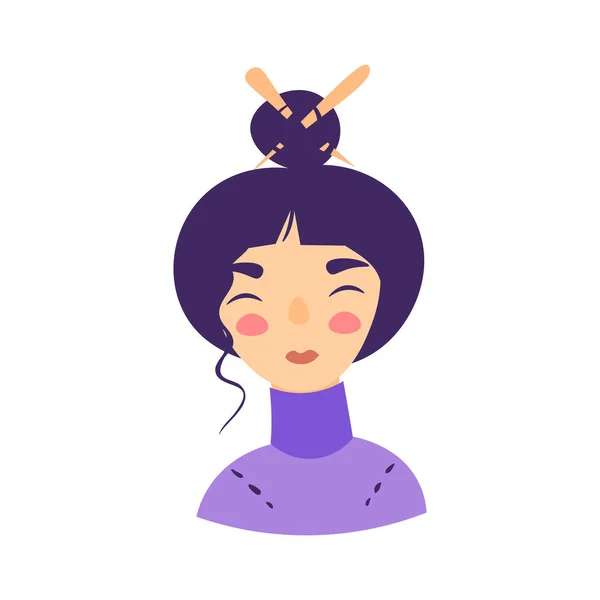 Mignon dessin animé illustration de jolie belle femme japonaise avec coiffure traditionnelle et tenue. Asiatique Japon Fille, avatar femme, illustration de personnage vectoriel isolé sur fond blanc — Image vectorielle