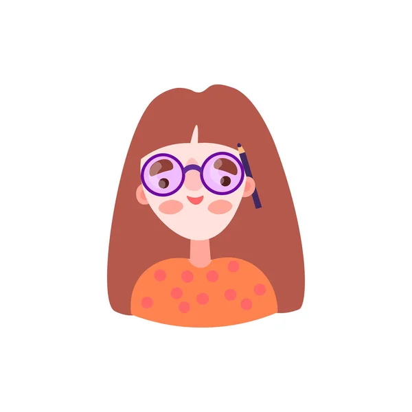 Cute cartoon illustration of pretty beautiful redhead nerd woman. Girl, woman avatar with glasses, freckles and pencil behind the ear, vector character illustration isolated on white background — Stock Vector