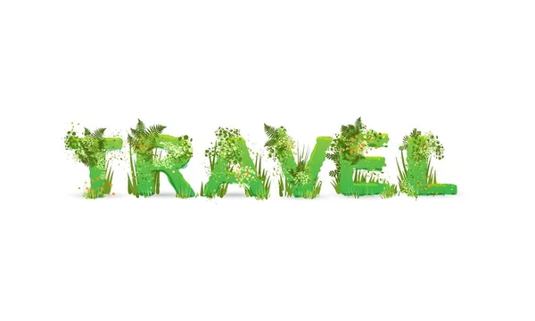 Ilustração vetorial da palavra Viajar com letras maiúsculas estilizadas como floresta tropical, com ramos verdes, folhas, grama e arbustos próximos a eles, isolados em branco — Vetor de Stock