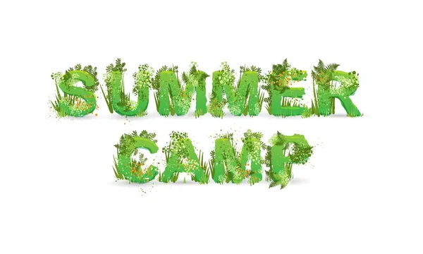 Ilustração vetorial da palavra Acampamento de verão com letras maiúsculas estilizadas como floresta tropical, com ramos verdes, folhas, grama e arbustos ao lado, isolados em branco —  Vetores de Stock