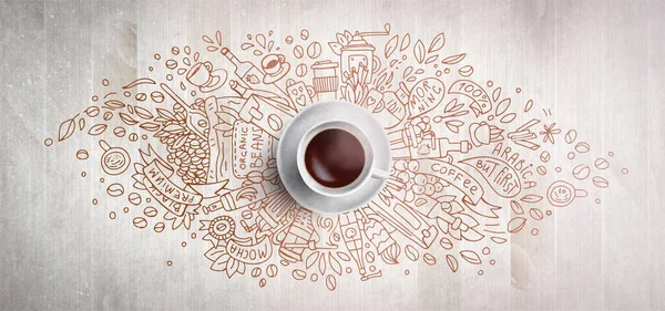 Coffee concept on wooden background - white coffee cup, top view with doodle illustration about coffee, beans, morning, espresso in cafe, breakfast. Morning coffee illustration. Hand draw and coffee