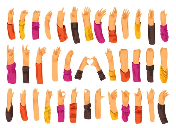 Mão humana com coleção de sinais e gestos de mão - ok, amor, saudações, mãos onduladas, telefone e controle de aplicativo com os dedos, punho para cima. homem e mulher mãos definidas — Vetor de Stock