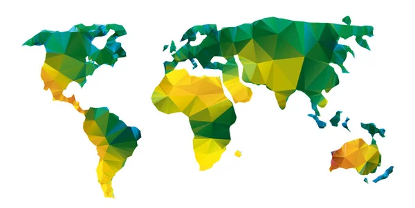 Mapa do mundo poligonal vetorial. Projeto poli baixo com cores amarelas e verdes. Origami planeta ilustratio conceitual da síntese do mapa do mundo. Mapa de tecnologia global — Vetor de Stock