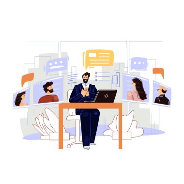 İş görüntülü konferans vektör düz illüstrasyon. Erkek iş adamı karakteri ofiste oturuyor, meslektaşlarıyla online uzaktan görüşme yapıyor. İş görüşmesi, online iş planlama