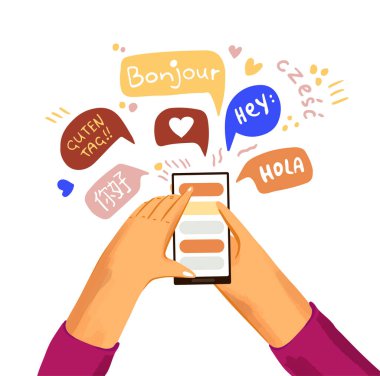 Dil düz vektörünü öğren ve çalış. Telefonla el ele tutuşmak ve telefon ekranında aplikaton dillerinde selamlaşmak. Uluslararası iletişim, farklı ülkelerde arkadaş edinme kavramı