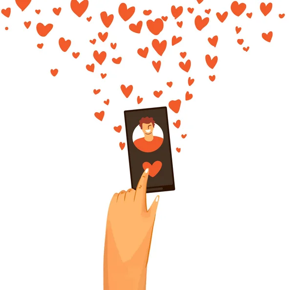 Ilustración plana vectorial de la mano humana dando amor y deslizando a la derecha en citas aplicación. Buscador de amor y romántico en smartphone. Chat en línea y citas concepto — Vector de stock