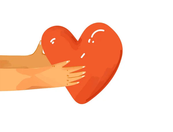 Vektor lapos illusztráció emberi kéz megosztása szeretet, támogatás, megbecsülés egymásnak. A kéz adja a szívet, mint a kapcsolat és az egység jelét. Elszigetelt szerelmi koncepció — Stock Vector
