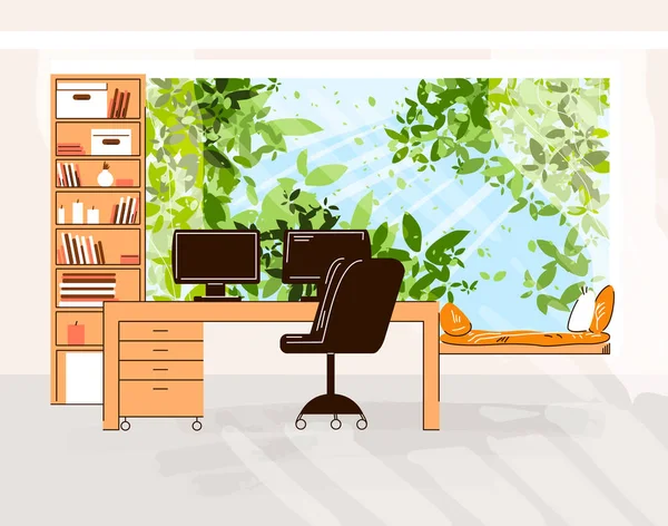 Home Oficina Vector Ilustración plana de acogedor escritorio con computadora y monitor, silla de oficina, estantes con libros frente a árboles verdes al aire libre y luz solar con zona de descanso — Vector de stock