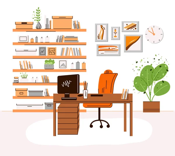 Ilustración plana vectorial del interior del lugar de trabajo de la oficina en casa: escritorio con monitor, computadora, estantes con libros y accesorios, plantas. Acogedora área de trabajo en casa, zona de oficina en casa — Archivo Imágenes Vectoriales