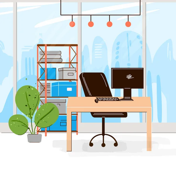 Vector Flat Collection of Creative Workplace with Modern Open Space and Empty Office Interior - Business and Contemporary Co-Working Illustraton. płaski skład poziomy. — Wektor stockowy