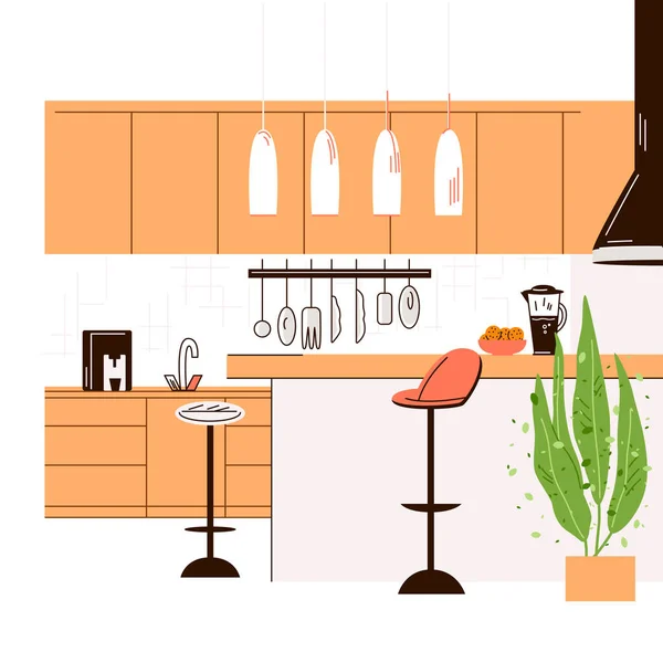 Ilustración plana vectorial del interior de la cocina moderna vacía No People House Room con muebles de cocina, mesa, sillas y mesa de cocina. — Vector de stock