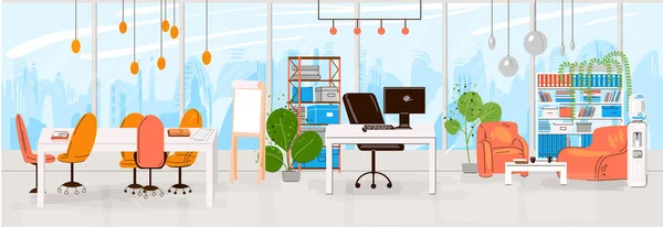 Vector Flat Collection of Creative Workplace with Modern Open Space and Empty Office Interior - Business and Contemporary Co-Working Illustraton. 편평 한 수평 구성. — 스톡 벡터